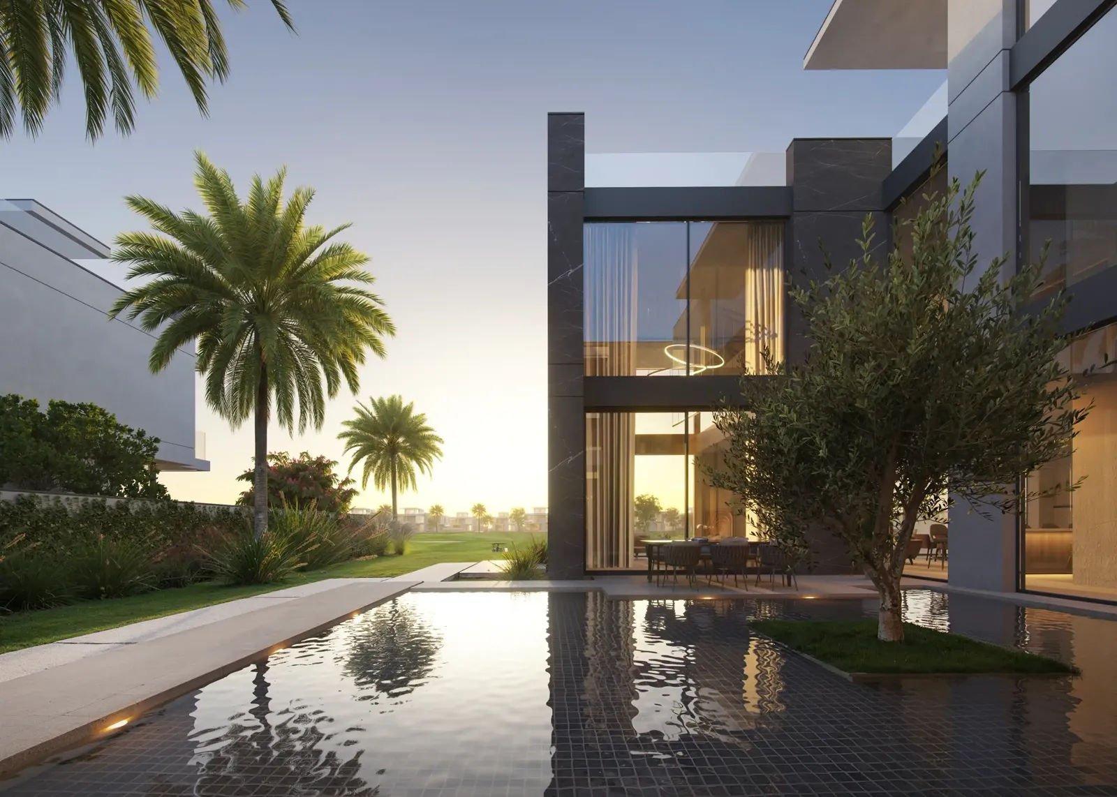 Cedarwood Estates — official Wasl courtyard and dark-stone villa elevation at dusk