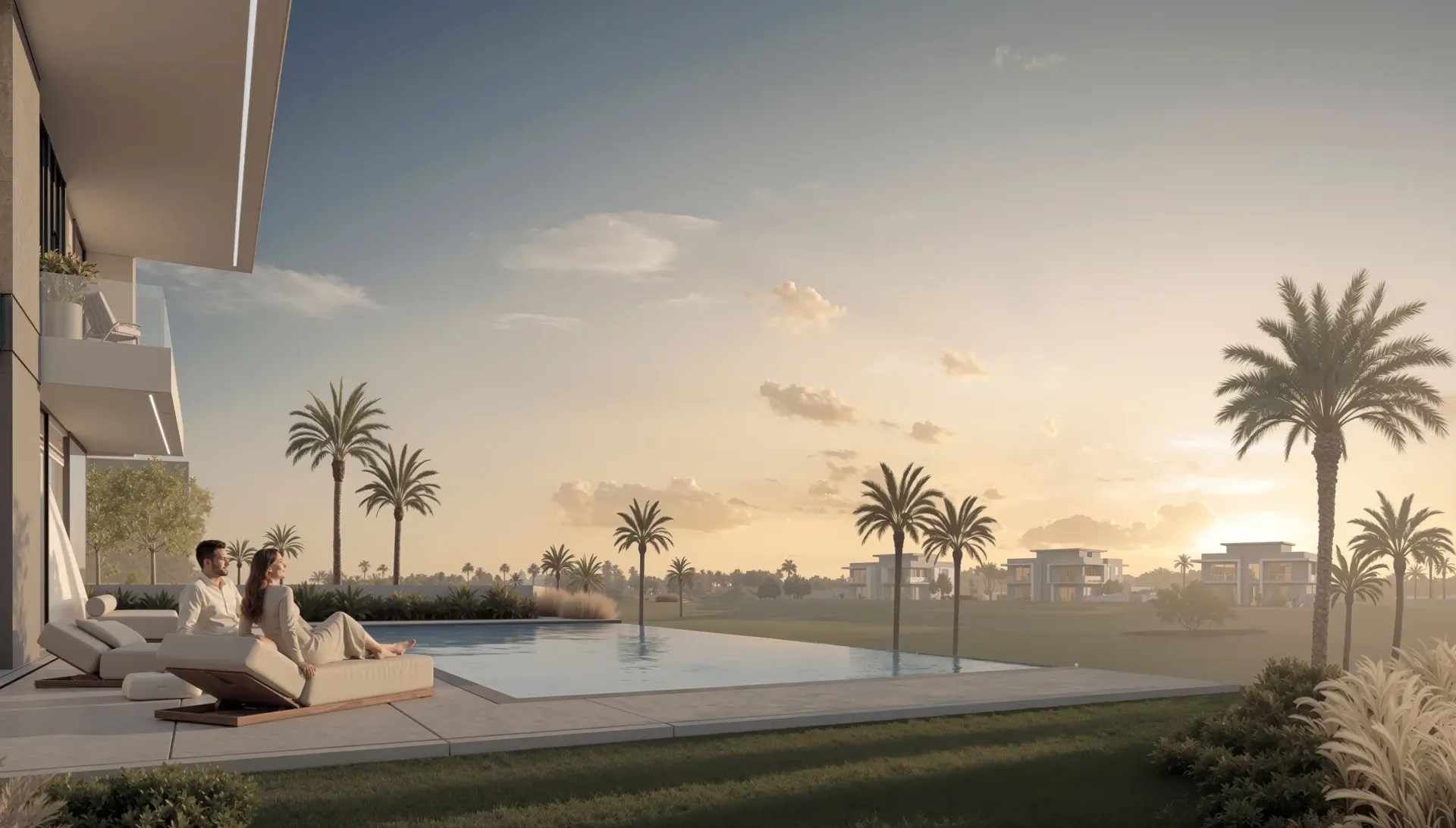 Cedarwood Estates — official Wasl pool terrace looking across the golf course to neighbouring villas
