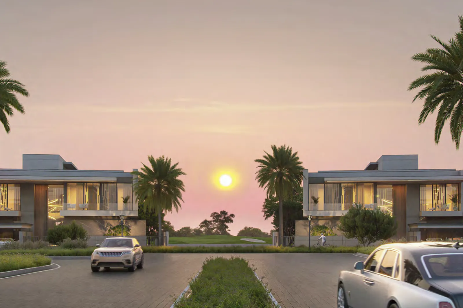Cedarwood Estates — dusk street render of two villa façades framing a golf-course sunset