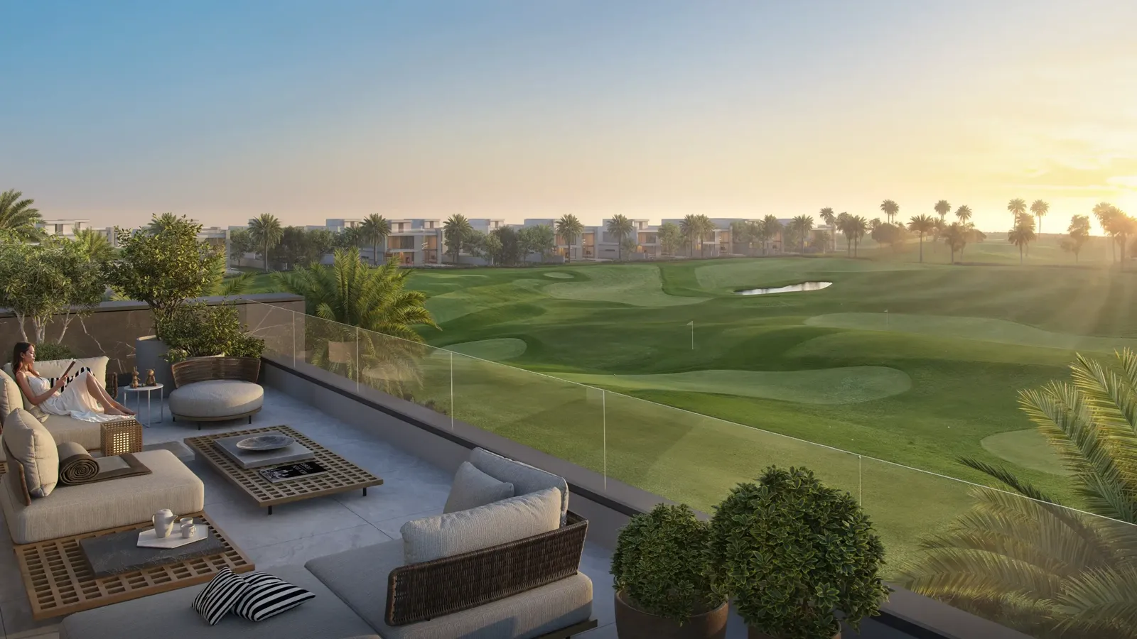 Cedarwood Estates — official Wasl roof terrace looking over the golf course and villa cluster