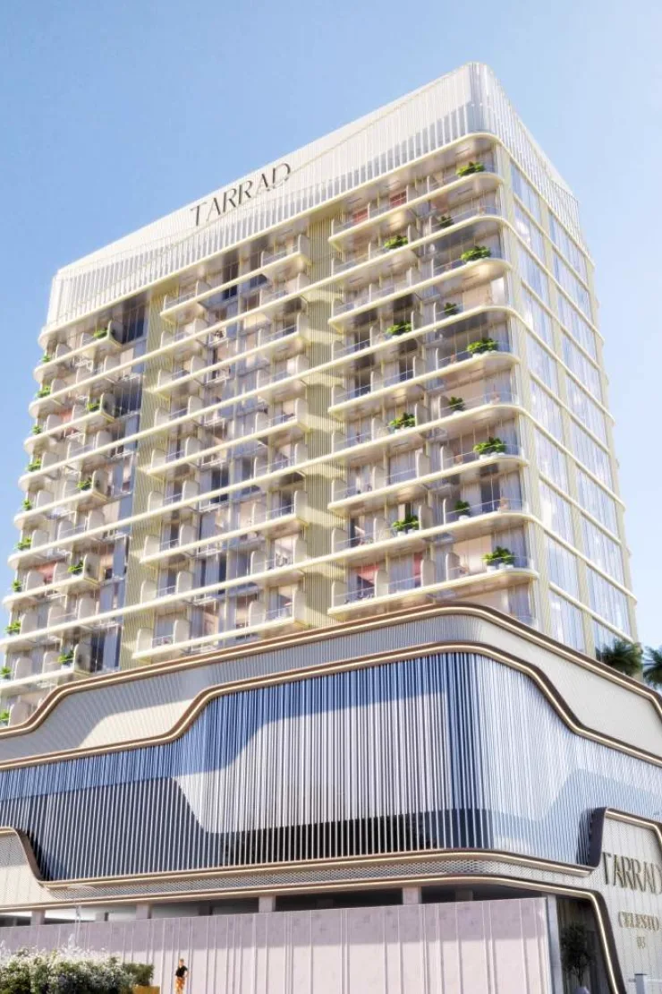 Celesto Three — closer facade of arched balconies above the wavy podium