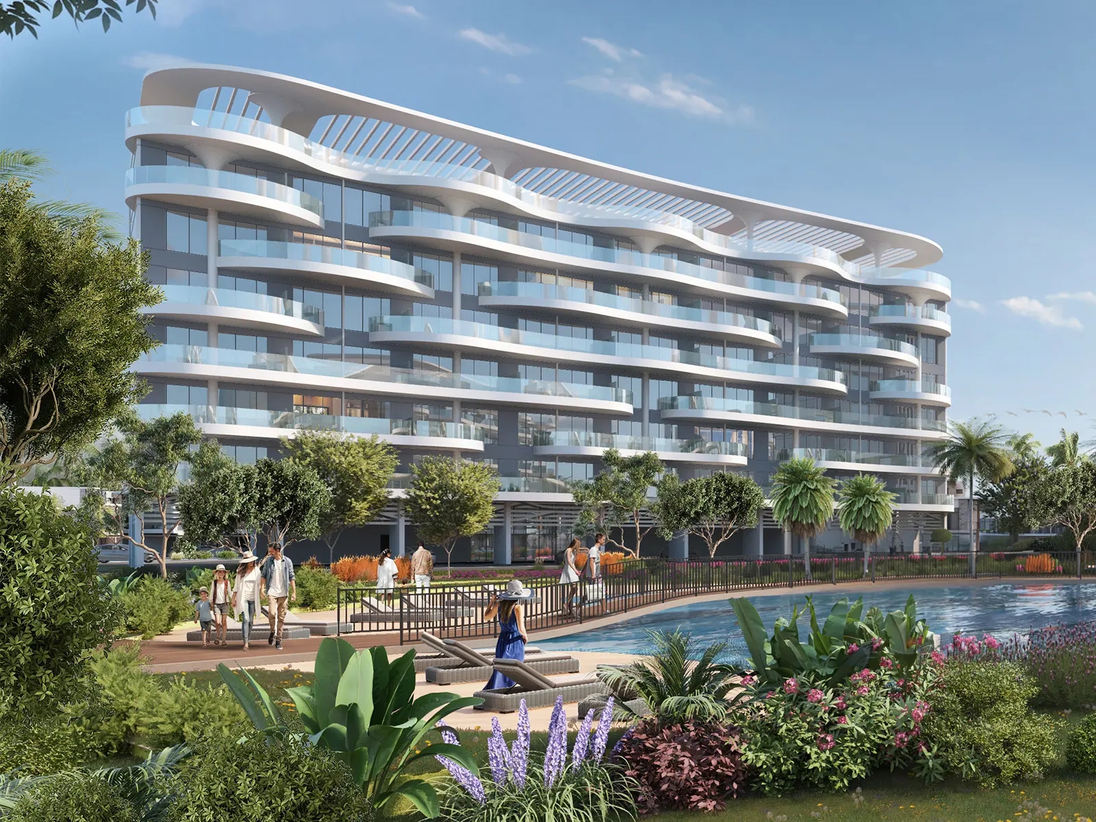 Official DAMAC Lagoon Views collection — close facade of a white curved balcony mid-rise with slatted roof crown (parent collection)