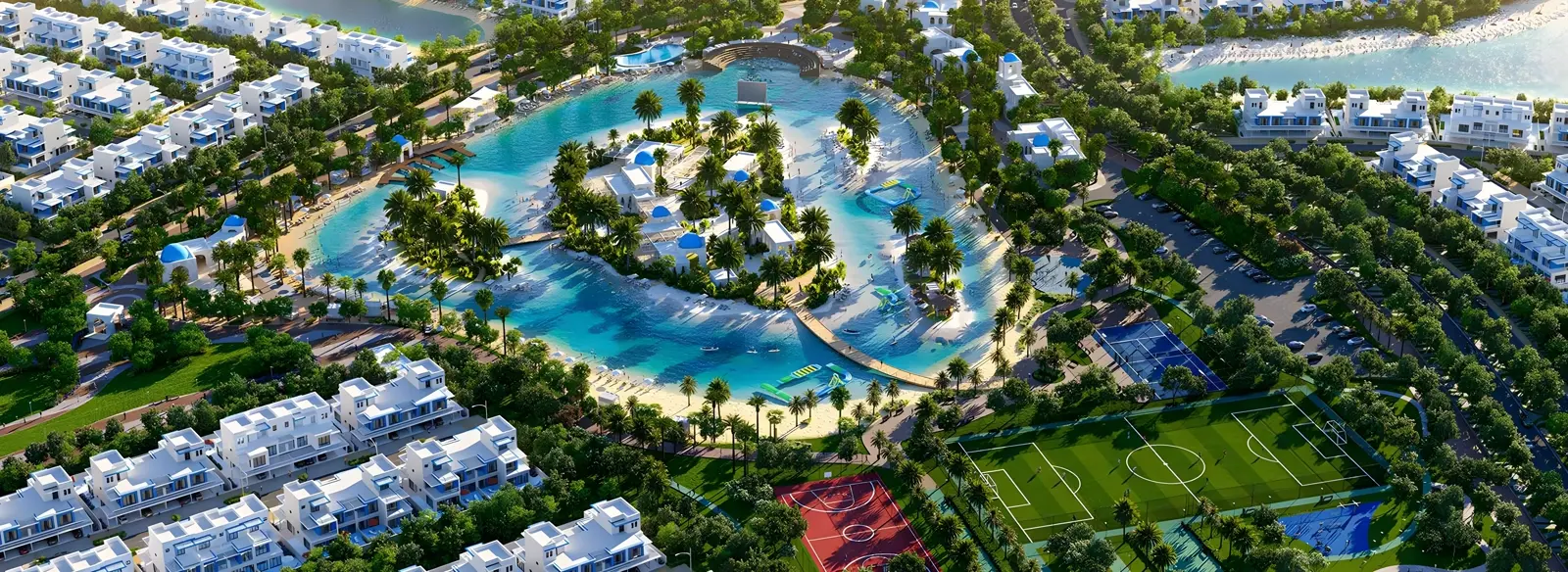 Property Finder Cetara leftover card still — DAMAC Lagoons villa-and-beach master aerial (master context, not the Cetara apartment pocket)