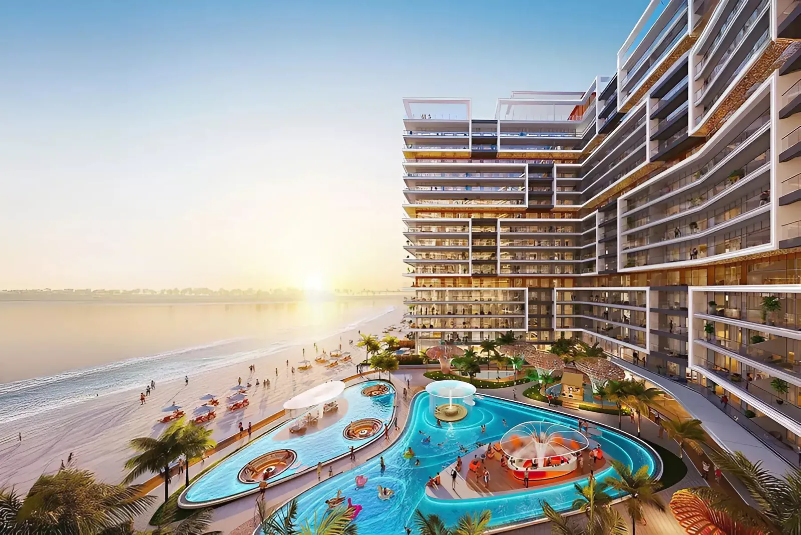Seacrest leftover Property Finder amenity still — beach-edge pool deck beside a stepped tower