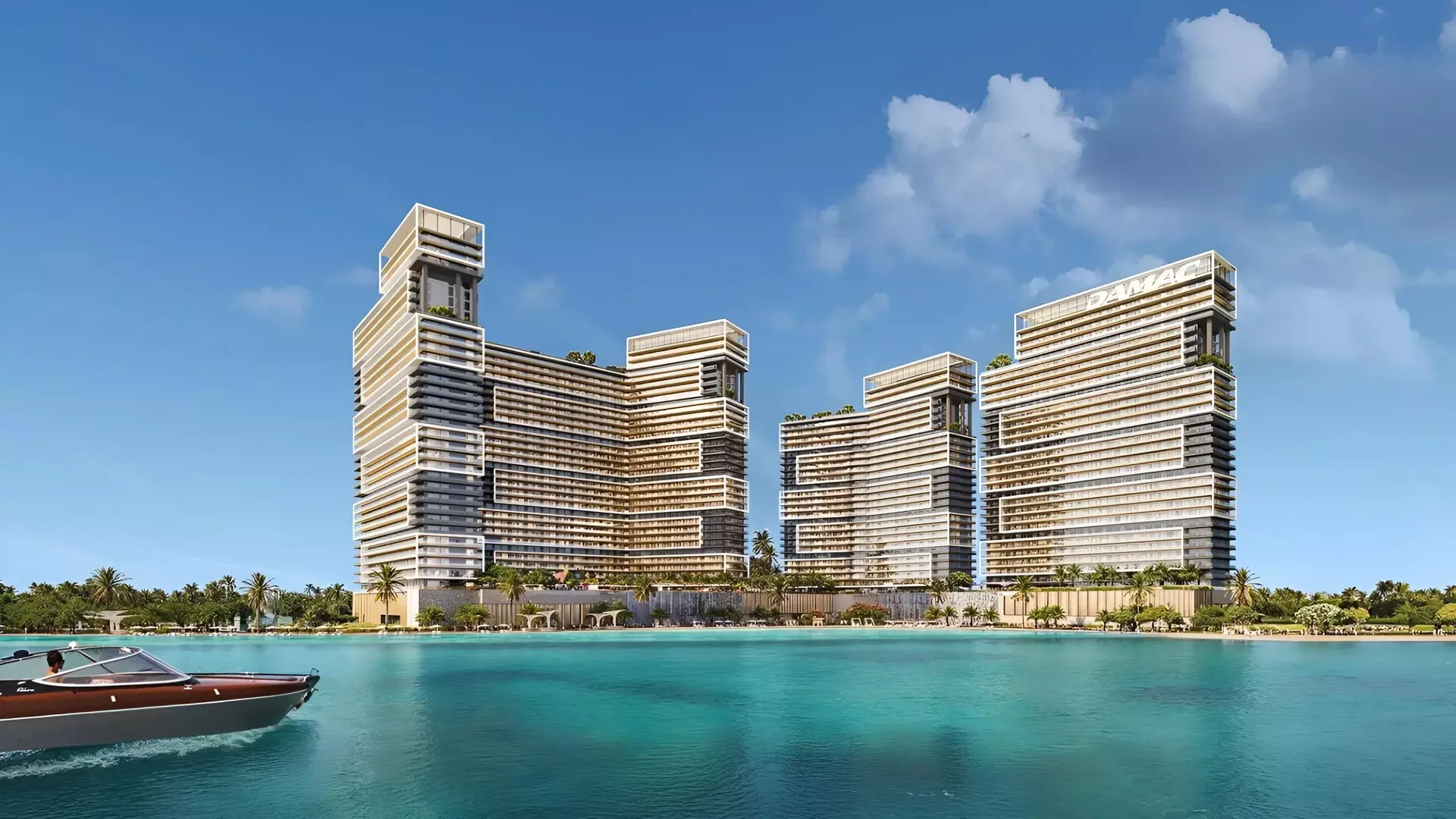Seacrest leftover Property Finder still — daytime waterfront view of the same stepped DAMAC multi-tower campus