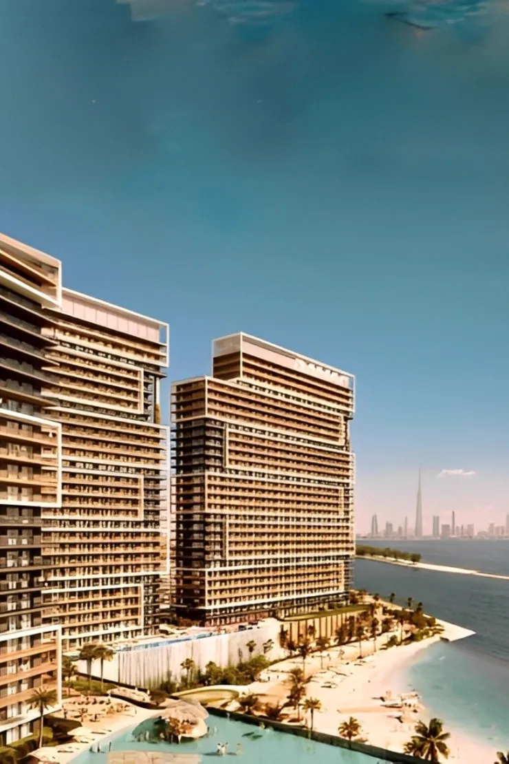 Propsearch Seacrest still — beach and pool deck with the stepped towers and Dubai skyline beyond