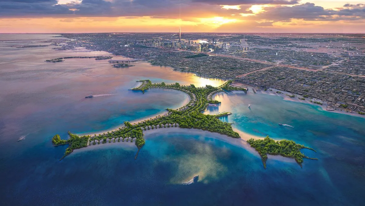 Naïa Island Dubai / Cheval Blanc Maison programme — marketing aerial of the private island toward Dubai skyline