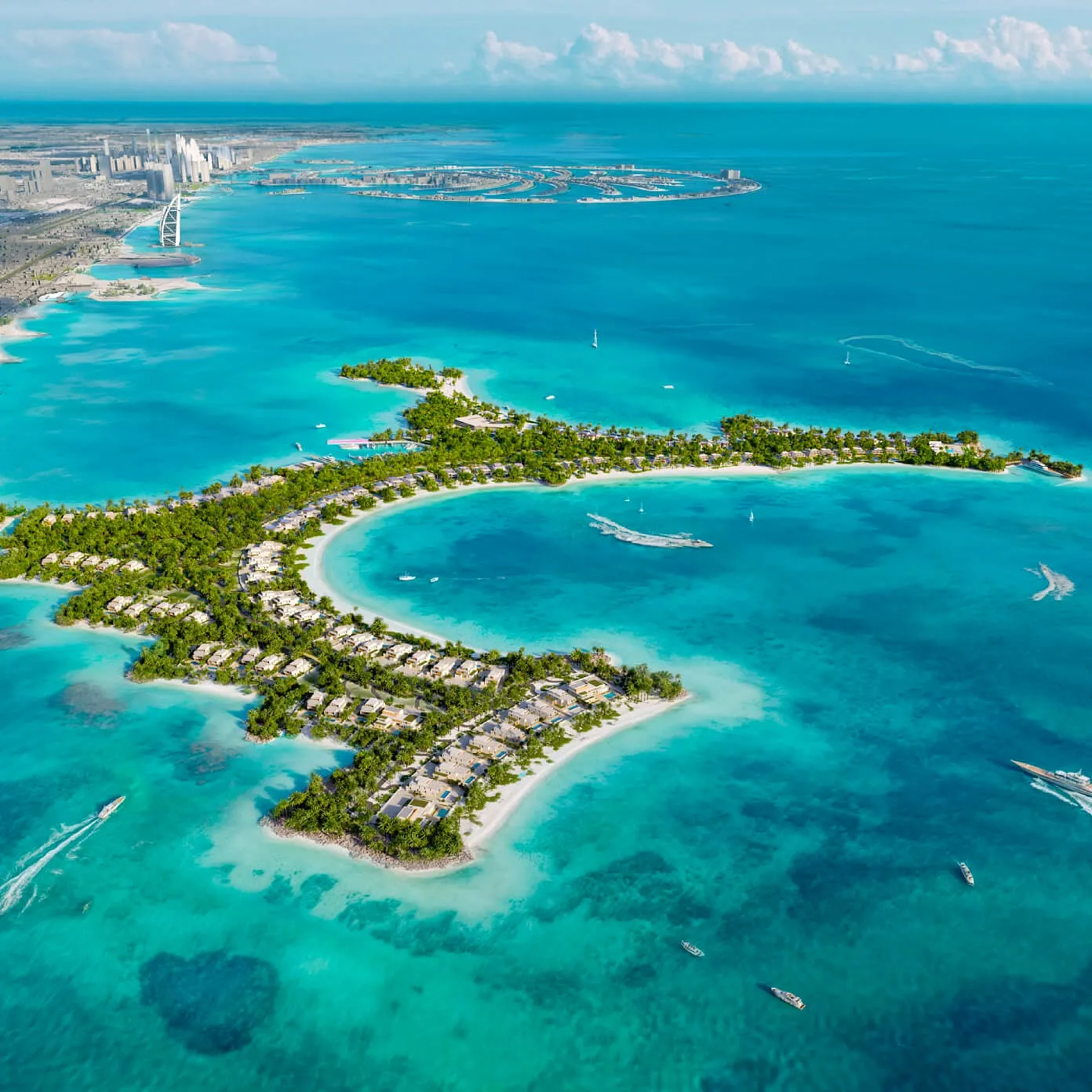 Cheval Blanc Maison Dubai — marketing aerial of the island with Burj Al Arab and Palm context