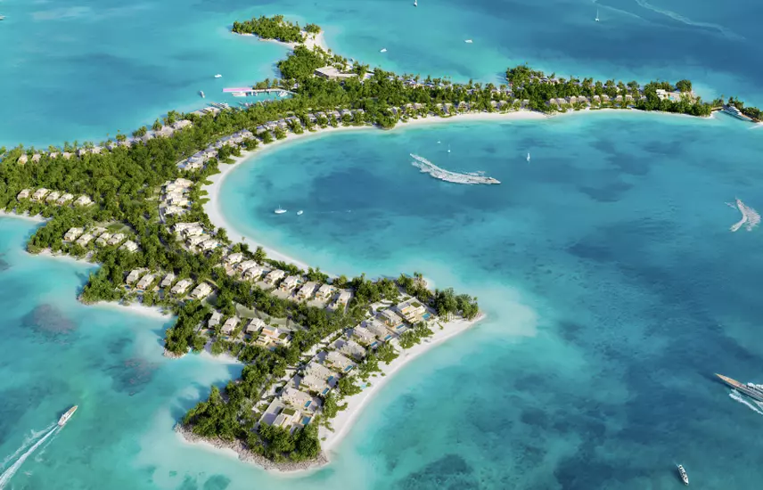 Cheval Blanc Maison — closer marketing aerial of beachfront villas on Naïa Island