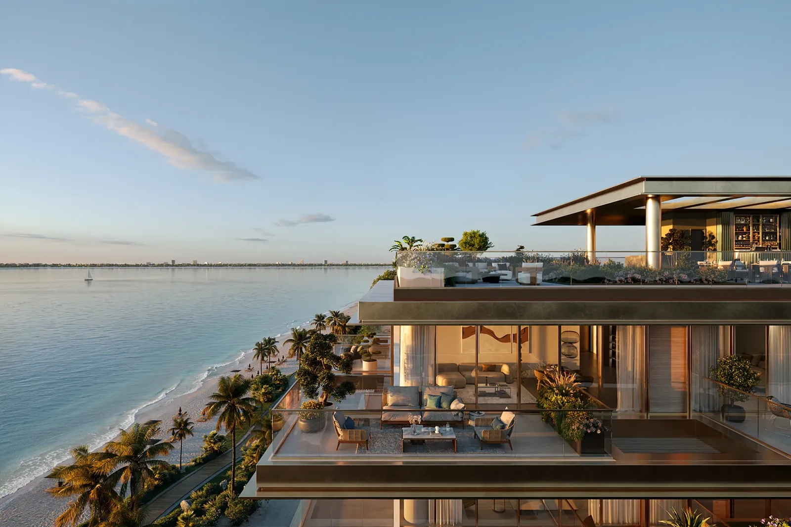 Cheval Residences — aerial exterior render over Dubai Islands waterfront