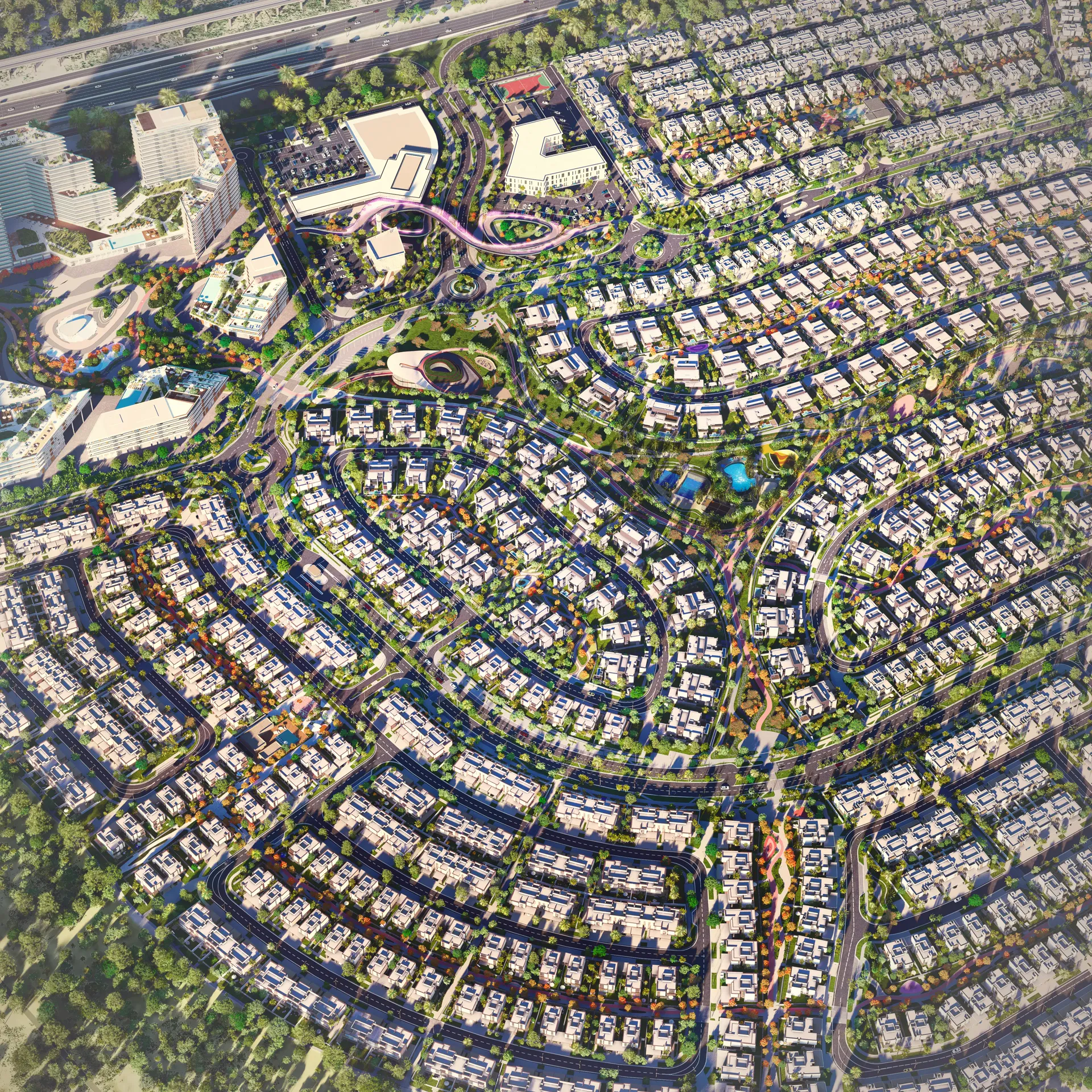 Official World of Aldar aerial of Athlon looking north-east — Chion is the named villa cluster on this master, not the Rise towers at the top