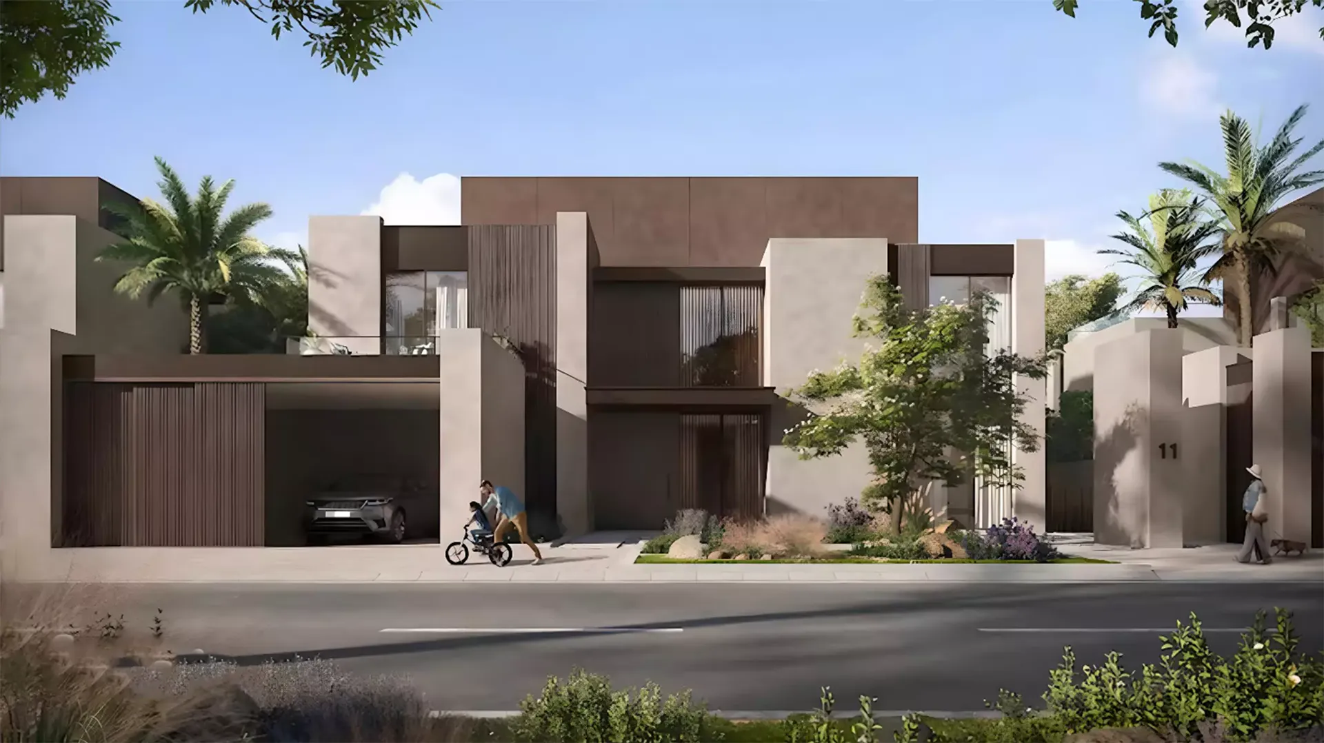 Chion at Athlon — marketing street still of a darker standalone villa with carport and front garden (house 11)