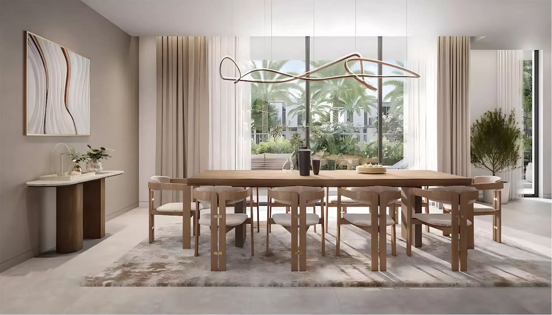 Chion at Athlon — marketing interior of a dining room opening onto a garden