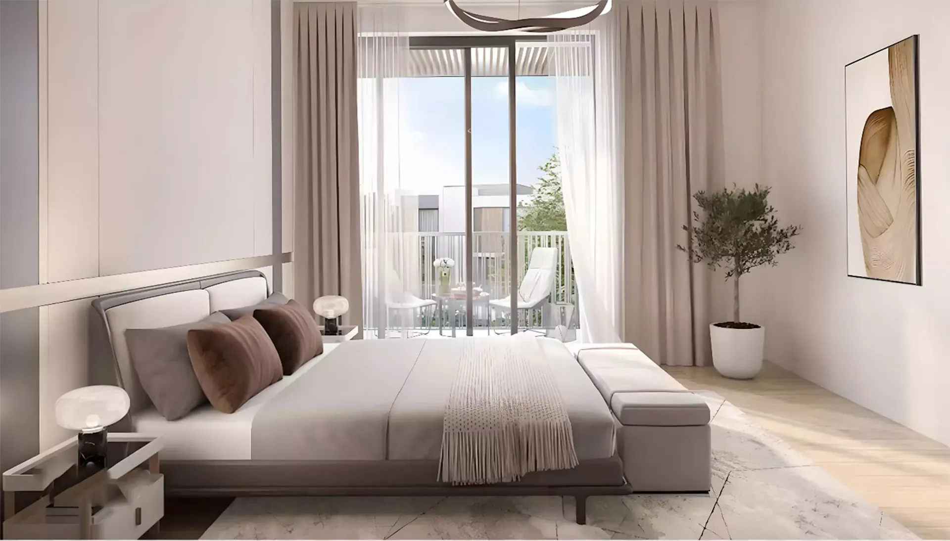 Chion at Athlon — marketing interior of a bedroom with balcony