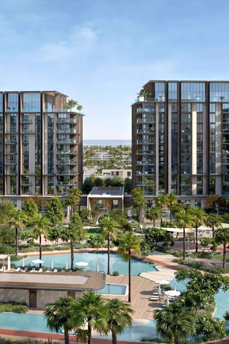 City Walk Crestlane 3 — dual-tower exterior marketing still with pools and landscaping