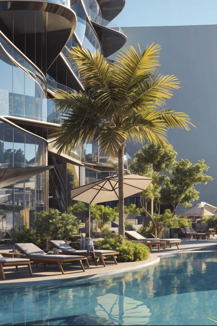 Coralis Grand Residences — Propsearch podium pool with the wavy facade behind it