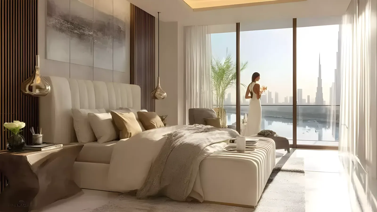 Coralis Grand Residences — leftover Palladium bedroom still with Burj Khalifa across the water