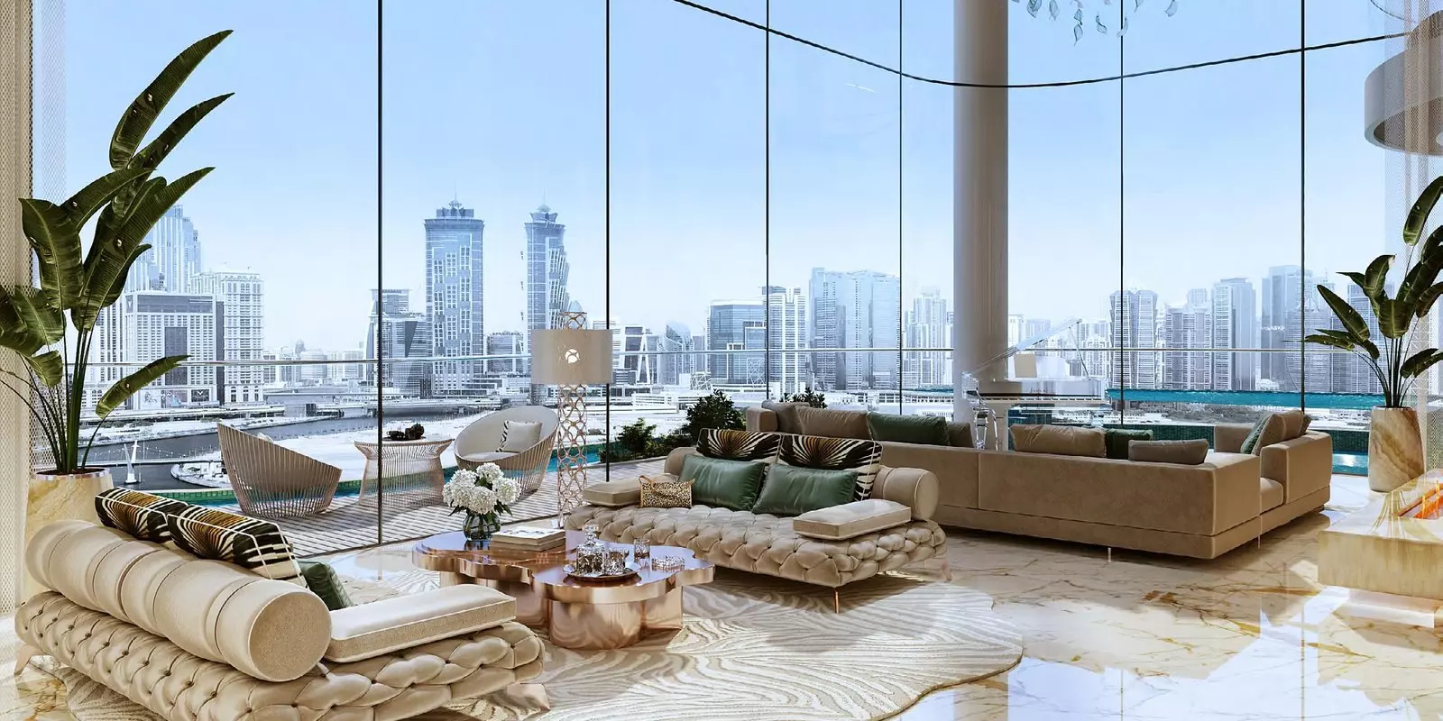 Couture by Cavalli interior still — Cavalli-styled living room looking over the canal and Business Bay towers