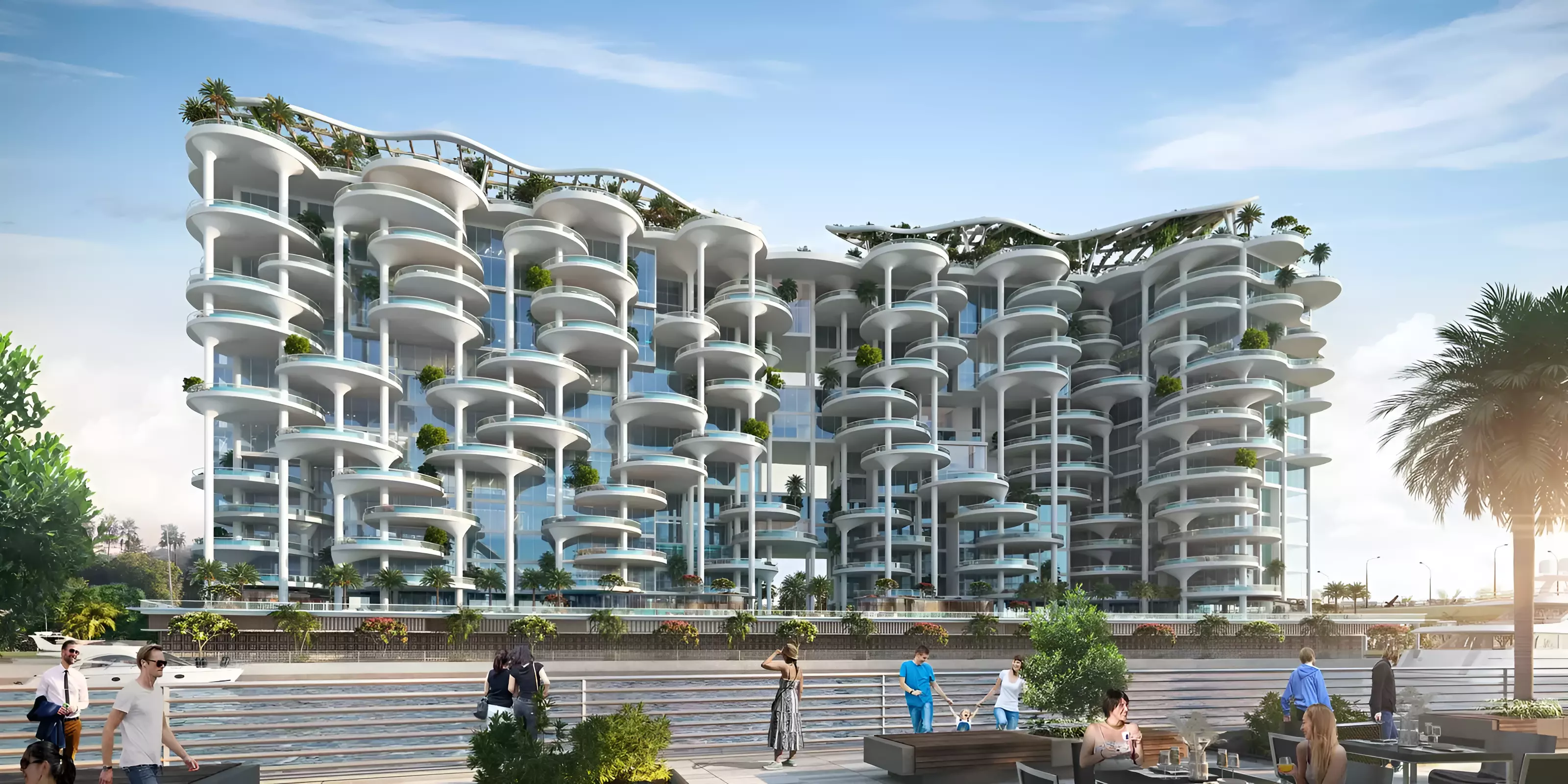 Couture by Cavalli street-level still — white stacked circular terraces and pool decks on the Dubai Canal promenade