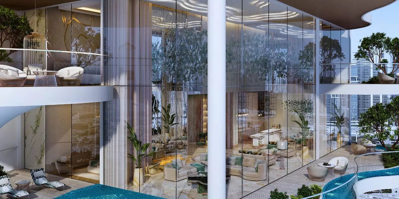 Couture by Cavalli terrace still — double-height glass living rooms opening onto private pool decks