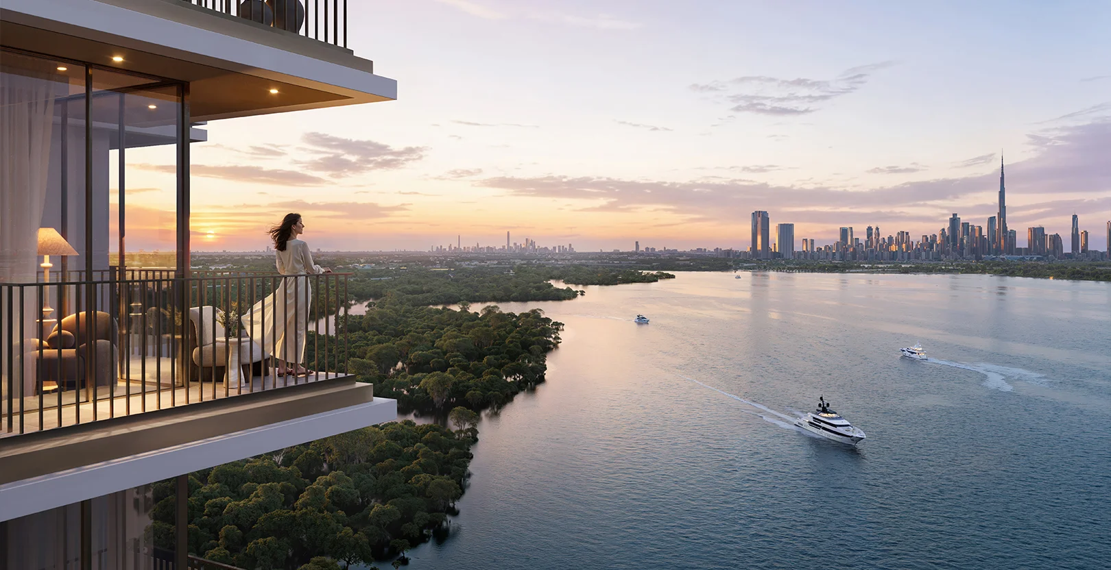 Creek Haven — balcony creek and skyline lifestyle marketing still