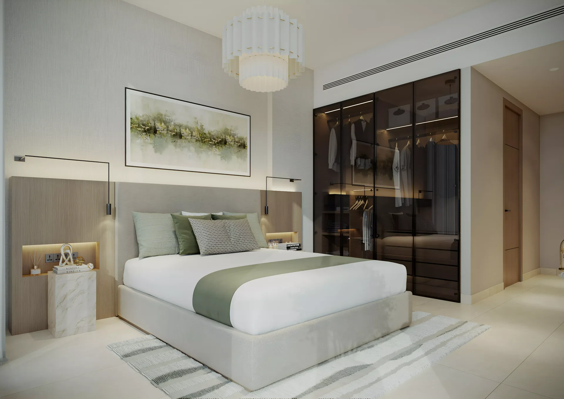 Cresswell Plaza — leftover bedroom render with a glass wardrobe and green throw