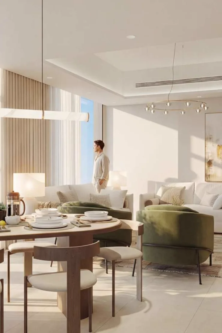 Cresswell Plaza — leftover living-dining render with green lounge chairs