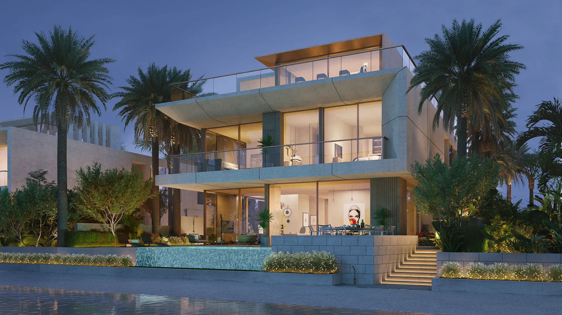 Crystal Springs Villa — beach-side exterior marketing still (official Palm Jebel Ali product gallery)