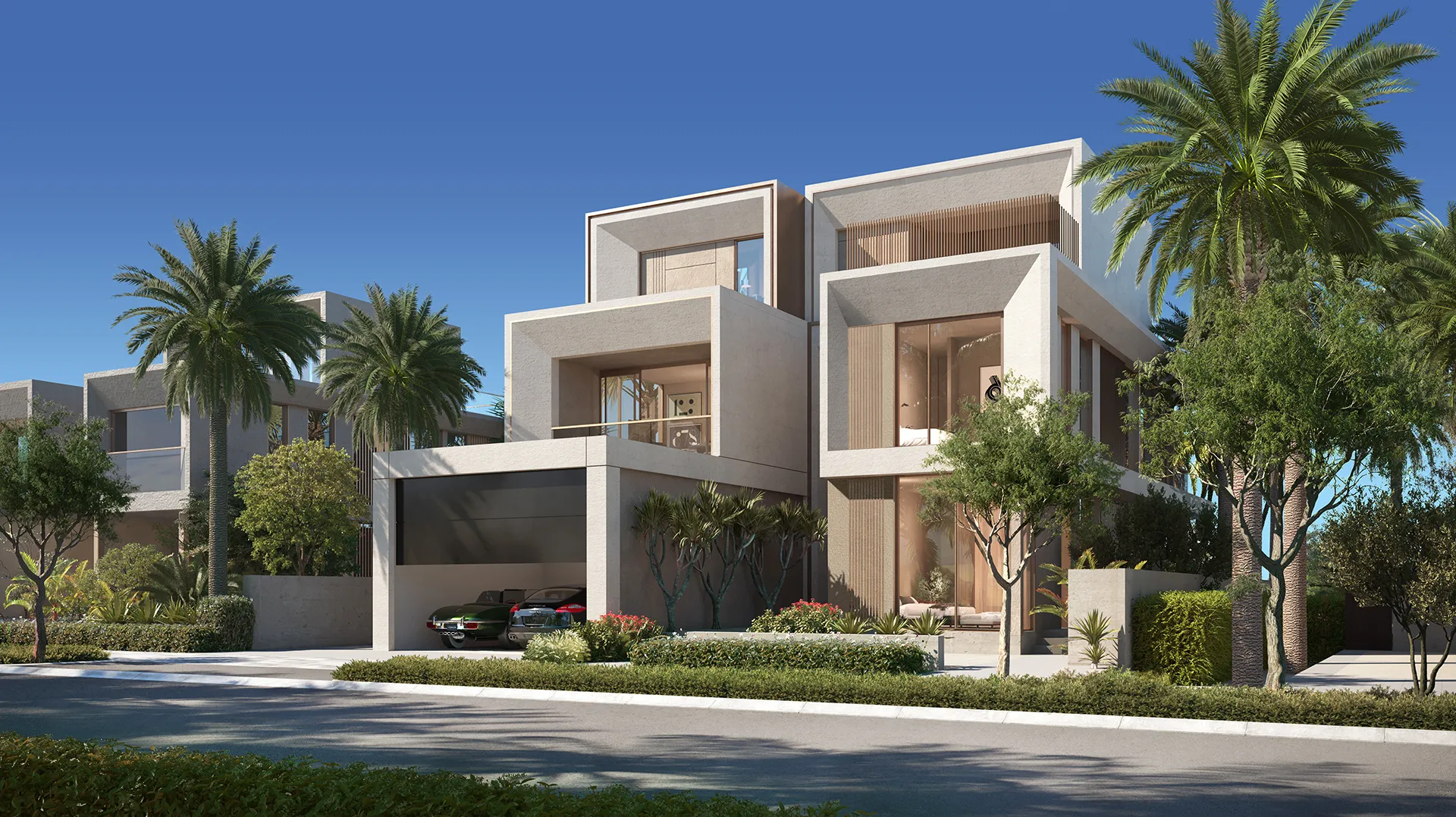 Crystal Springs Villa — street-side exterior marketing still (official Palm Jebel Ali product gallery)