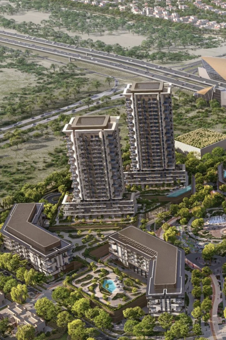 Rise by Athlon 2 — twin-tower aerial marketing still (Cyan with sibling Neon)