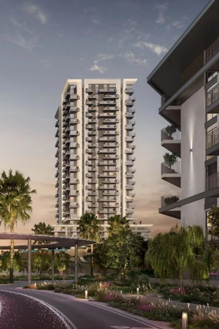 Rise by Athlon 2 — twin-tower street-level marketing still