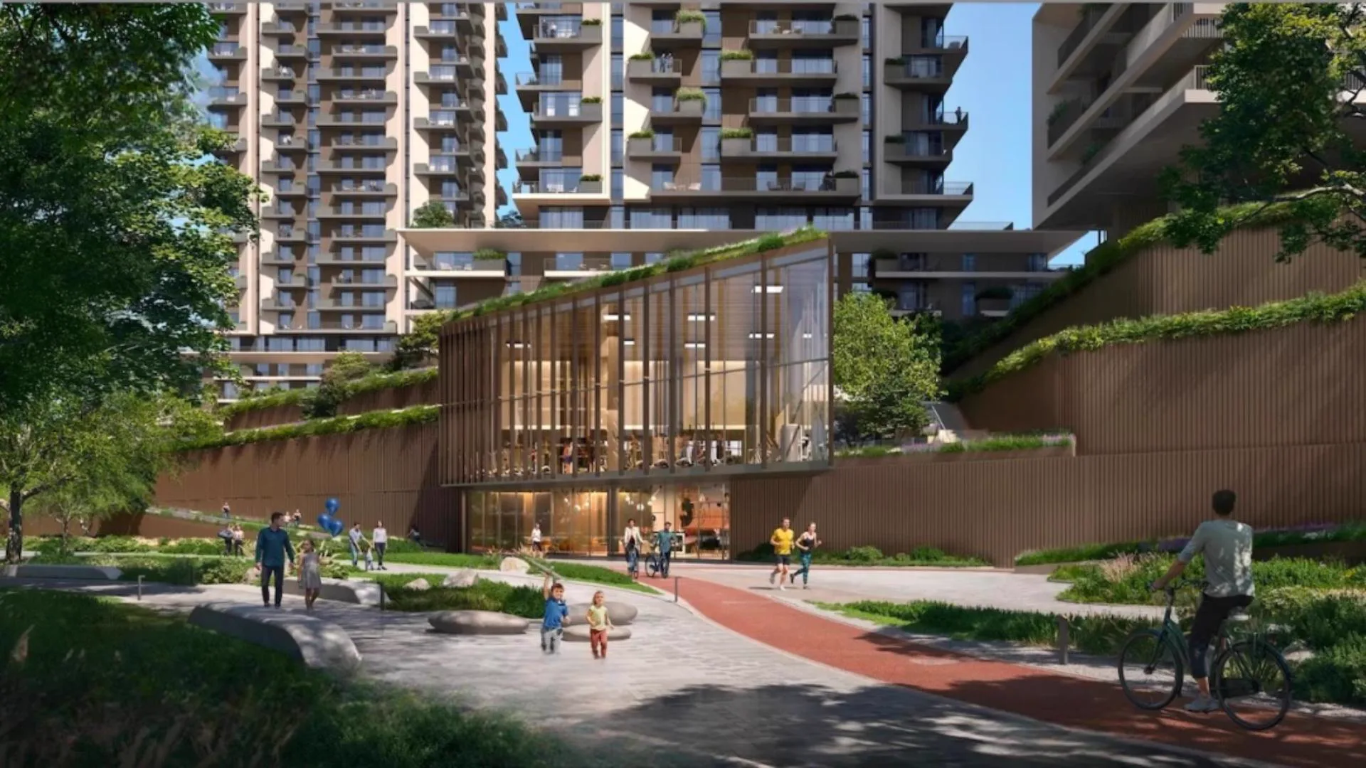 Rise by Athlon — landscaped podium and tower base marketing still