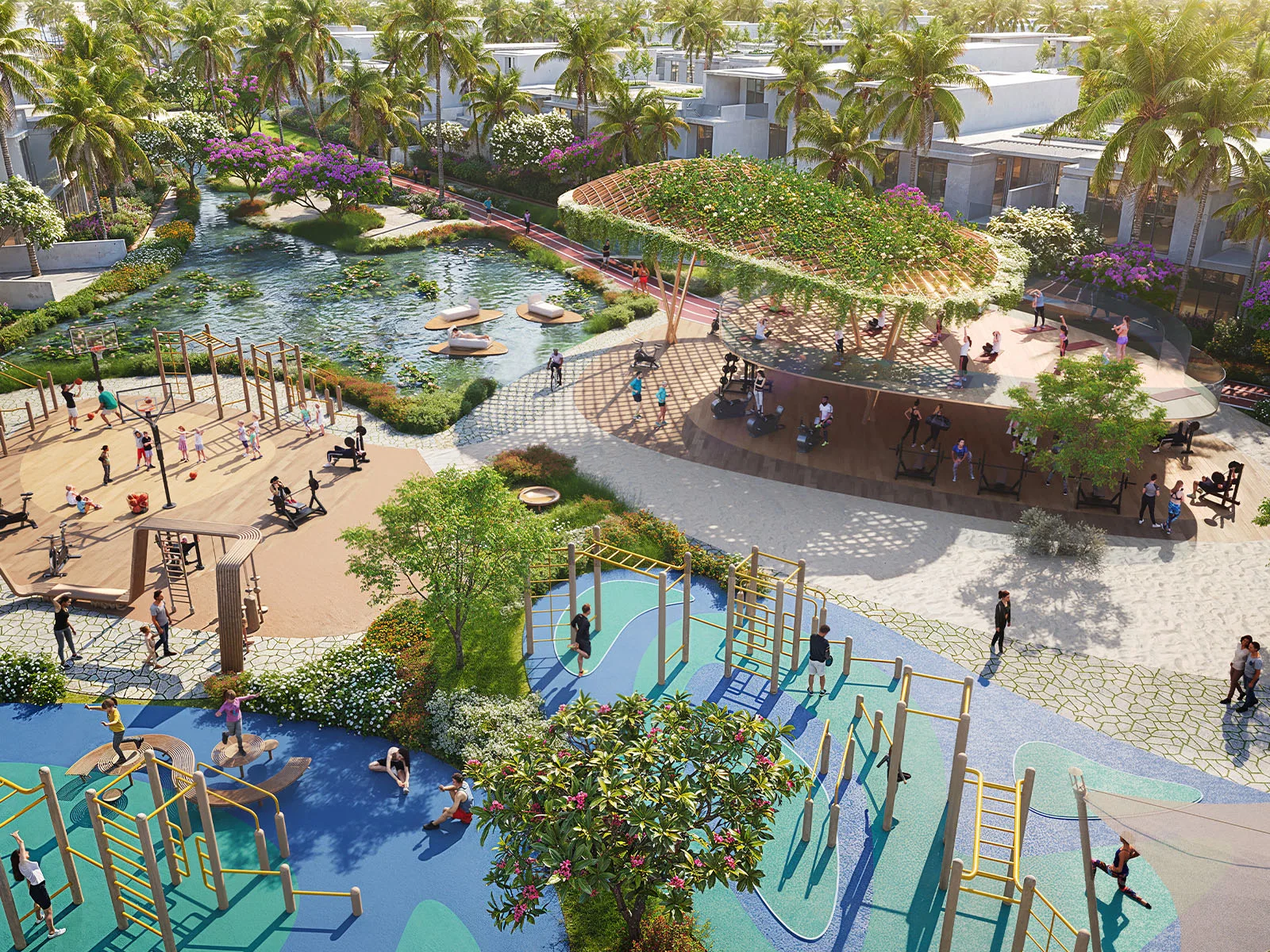 DAMAC Islands 2 — official marketing still of outdoor fitness and play amenity zone beside villas