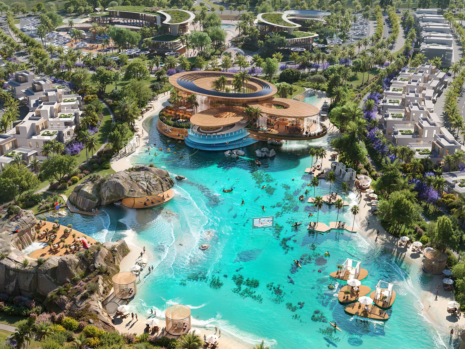 DAMAC Islands 2 — official marketing aerial of the central lagoon hub and waterfront leisure structures