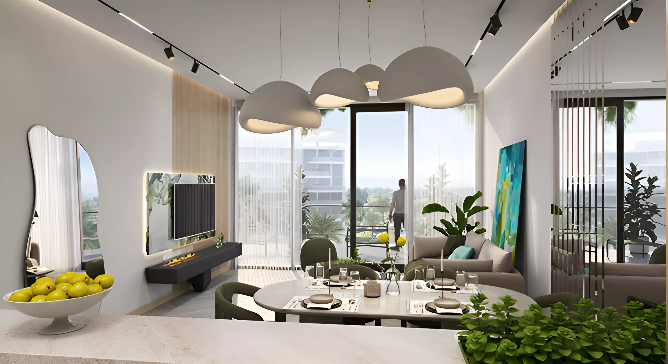 Damac Lagoon Views Andalucia — marketing apartment interior living and dining with lagoon outlook