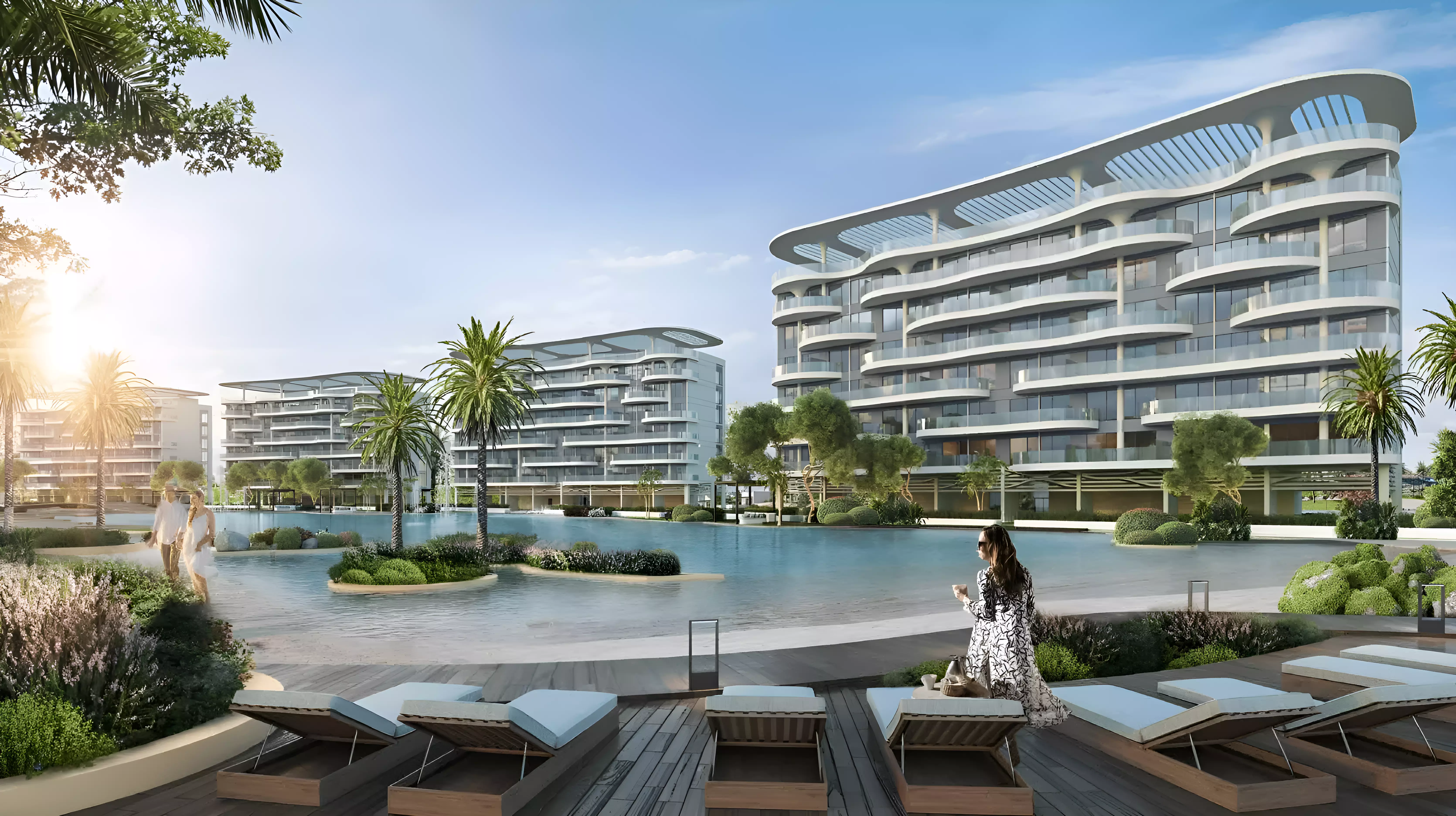 Damac Lagoon Views Andalucia — daytime marketing exterior of curved mid-rise apartment blocks around a lagoon pool