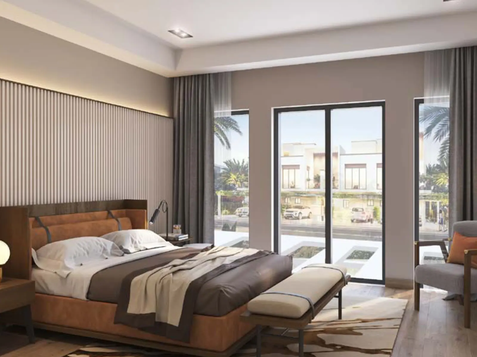 Official DAMAC Riverside 5-bedroom villa bedroom marketing still looking onto a villa street