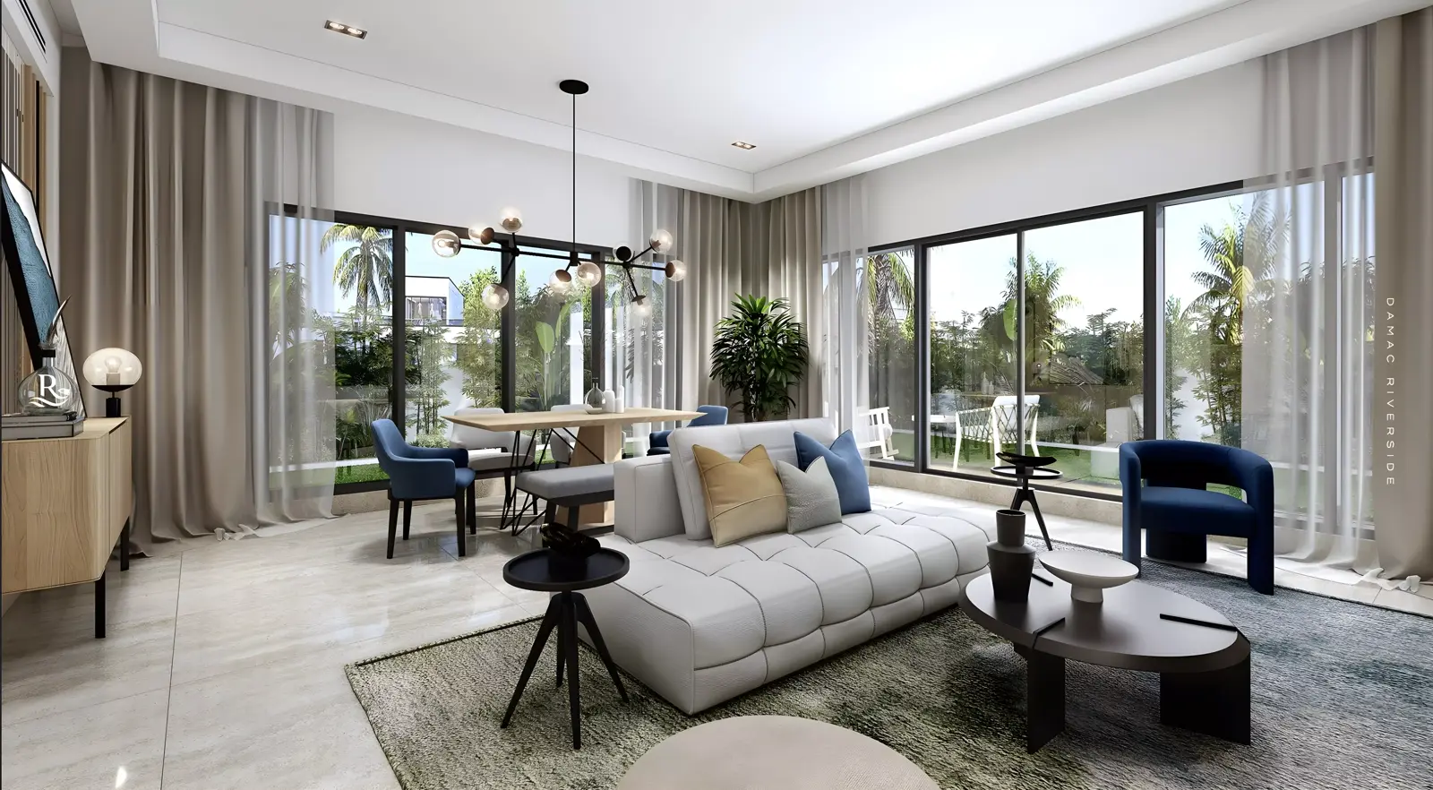 Leftover Property Finder DAMAC Riverside living-room marketing still looking onto a garden