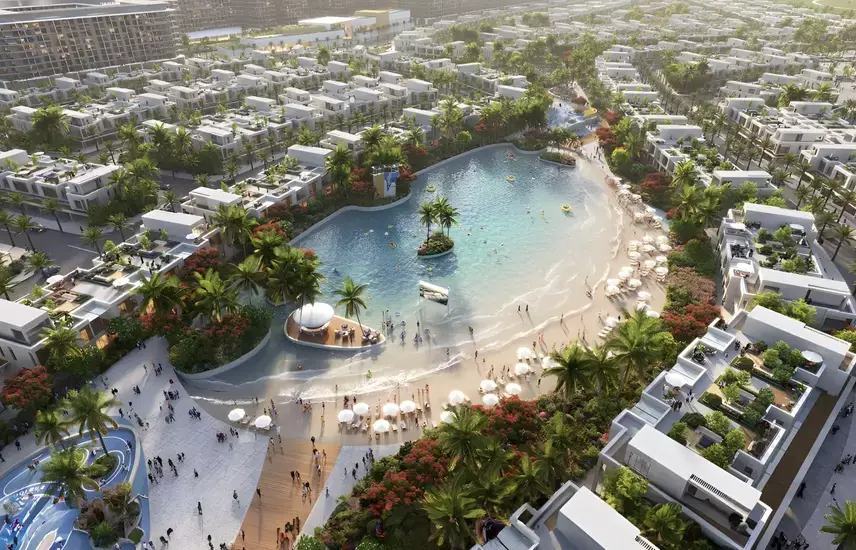 Leftover Property Finder aerial of DAMAC Riverside villa streets around the Malibu Cove lagoon — campus marketing, not an Olive-only plot