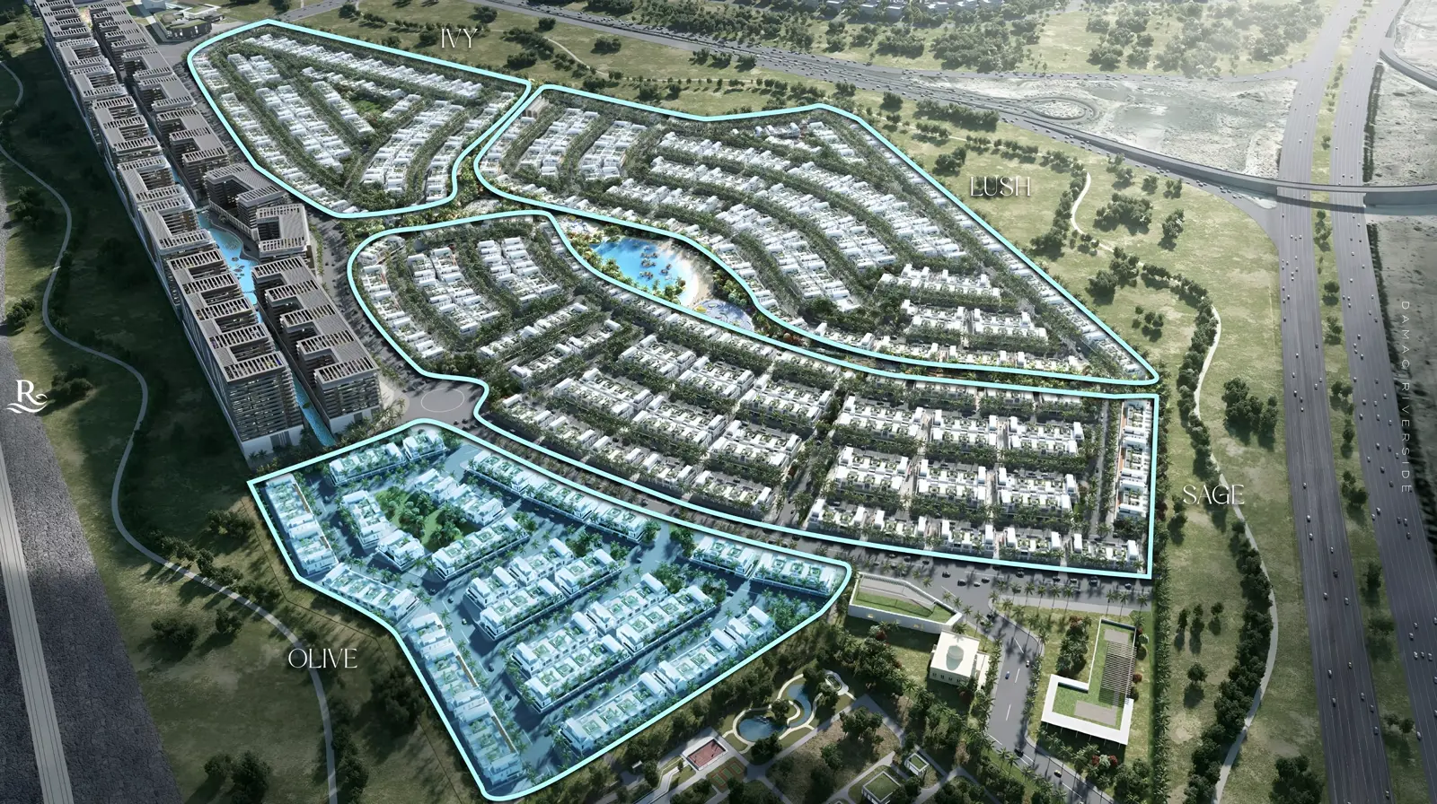Leftover Property Finder masterplan of DAMAC Riverside with Olive outlined separately from Ivy, Sage and Lush beside the Riverside Views apartment strip