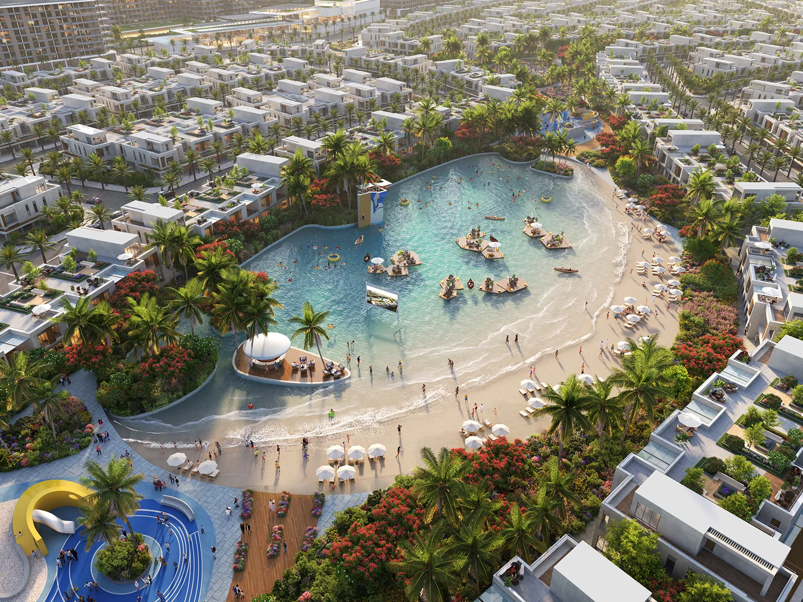 DAMAC Riverside — official villa streets around the Malibu Cove lagoon marketing render