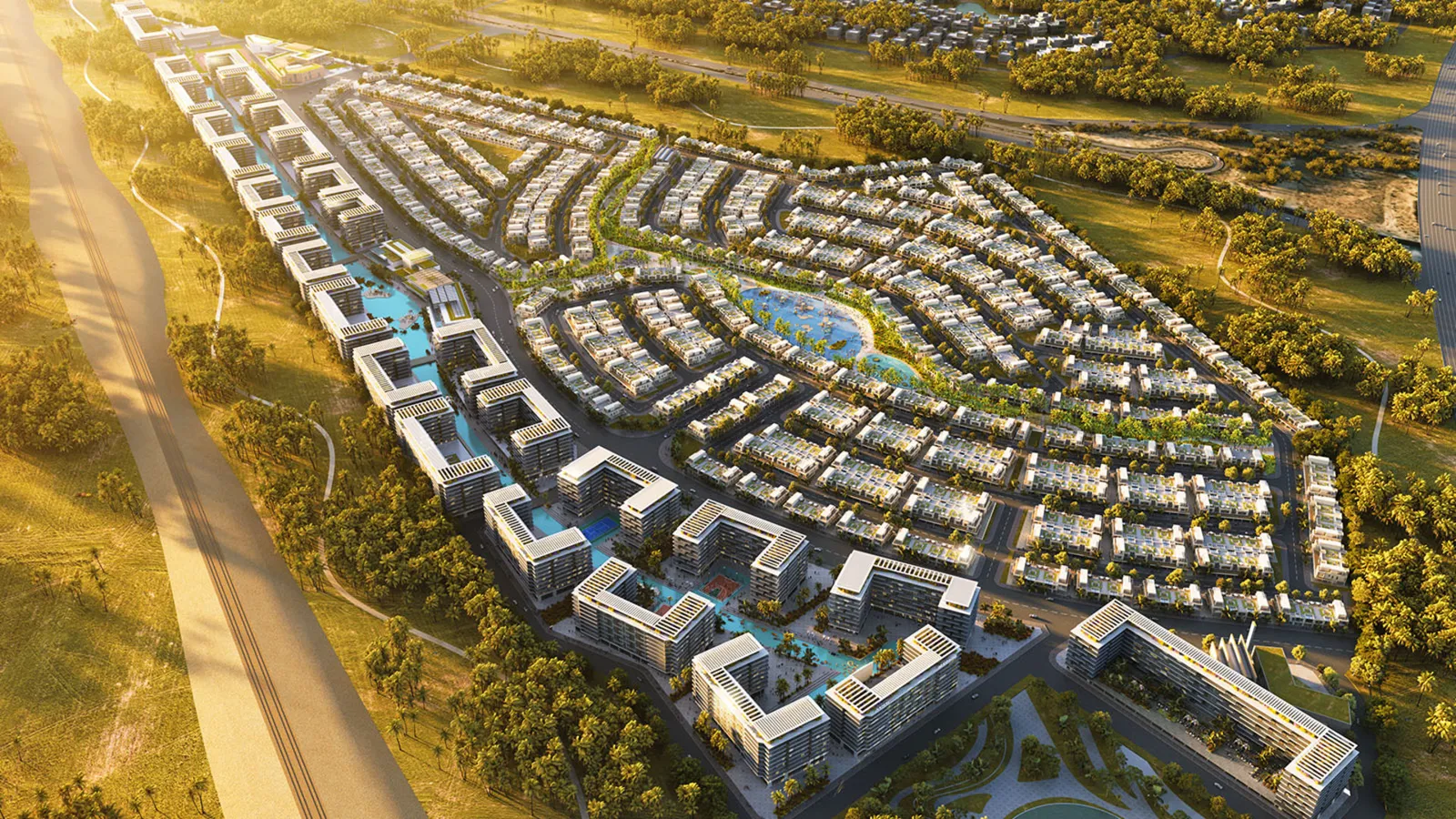 DAMAC Riverside — official masterplan aerial of villa rings beside the Riverside Views apartment strip