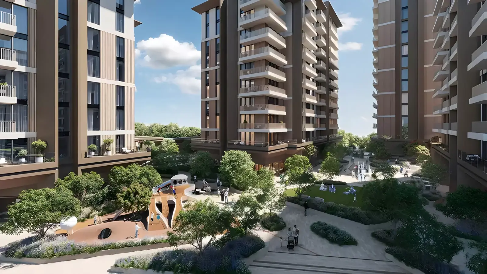 Dana at Expo Valley Views — marketing courtyard and building facade with playground amenity render
