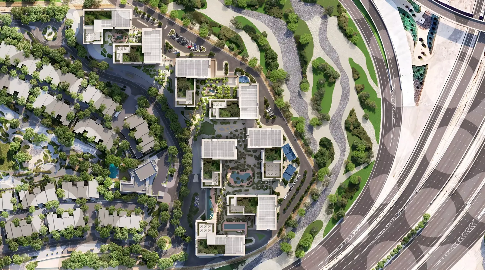 Dana at Expo Valley Views — marketing masterplan aerial of the Expo Valley Views apartment cluster