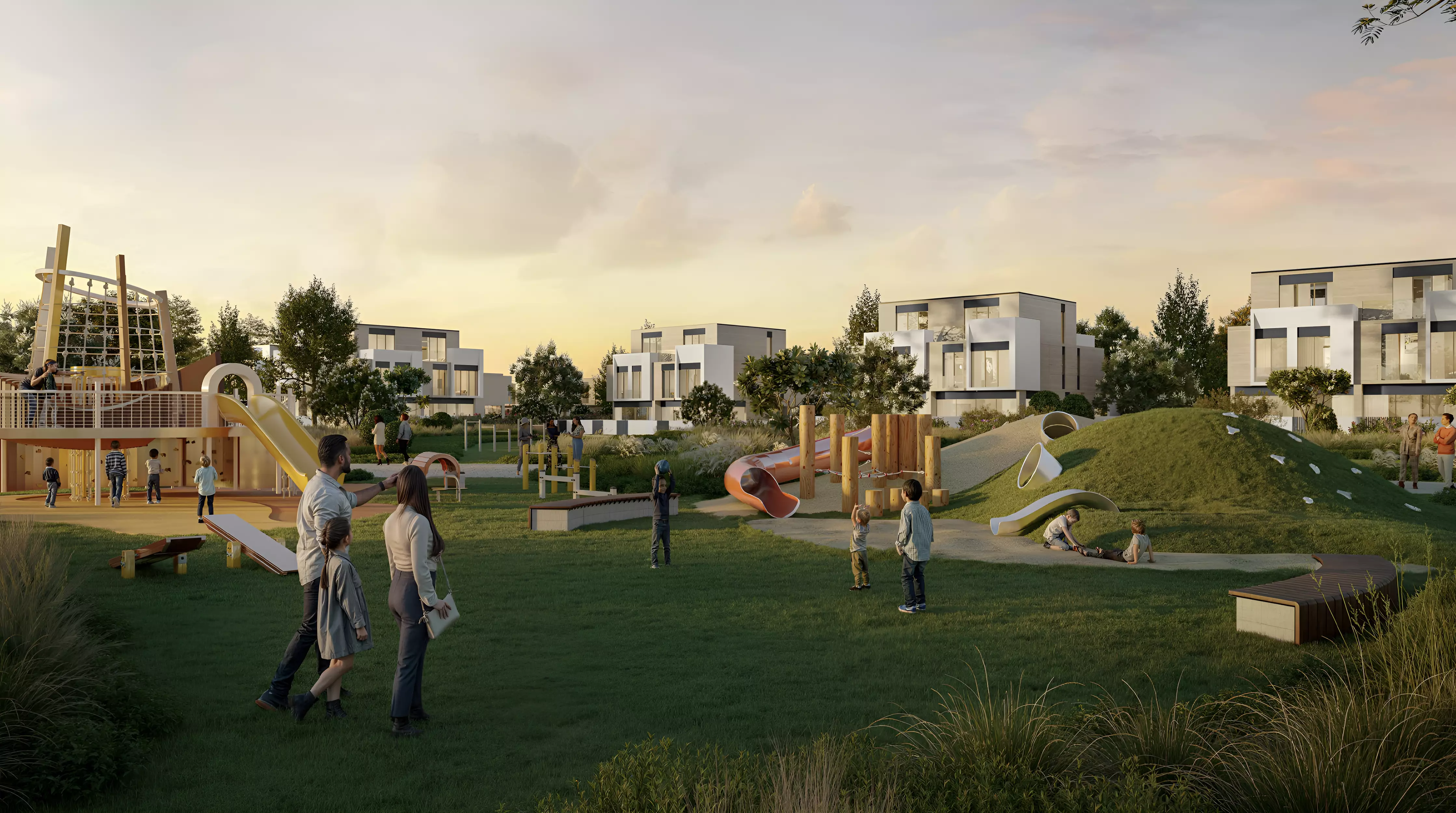 D-Villas — playground lawn with villa cluster backdrop