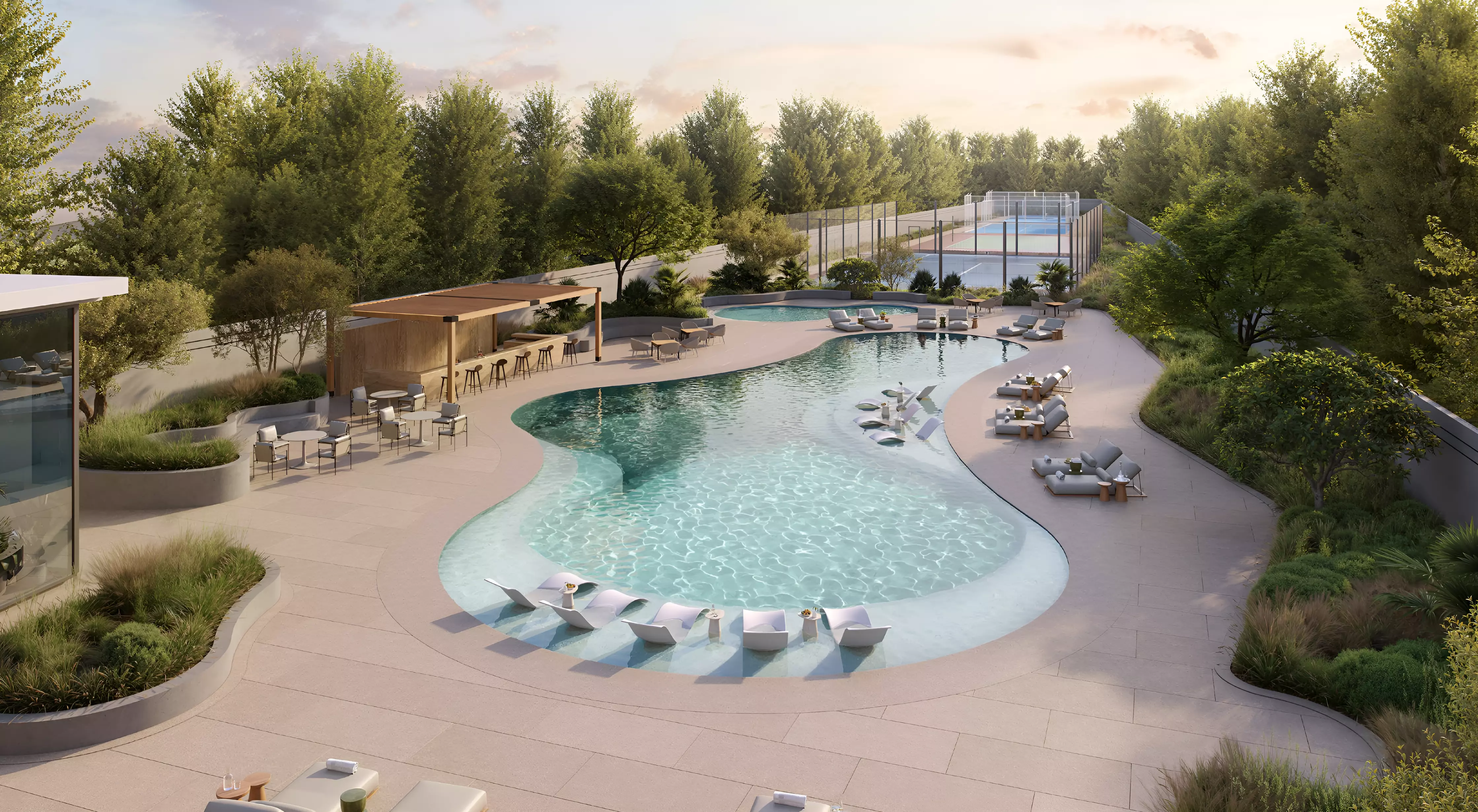 D-Villas — community pool deck with sports courts beyond