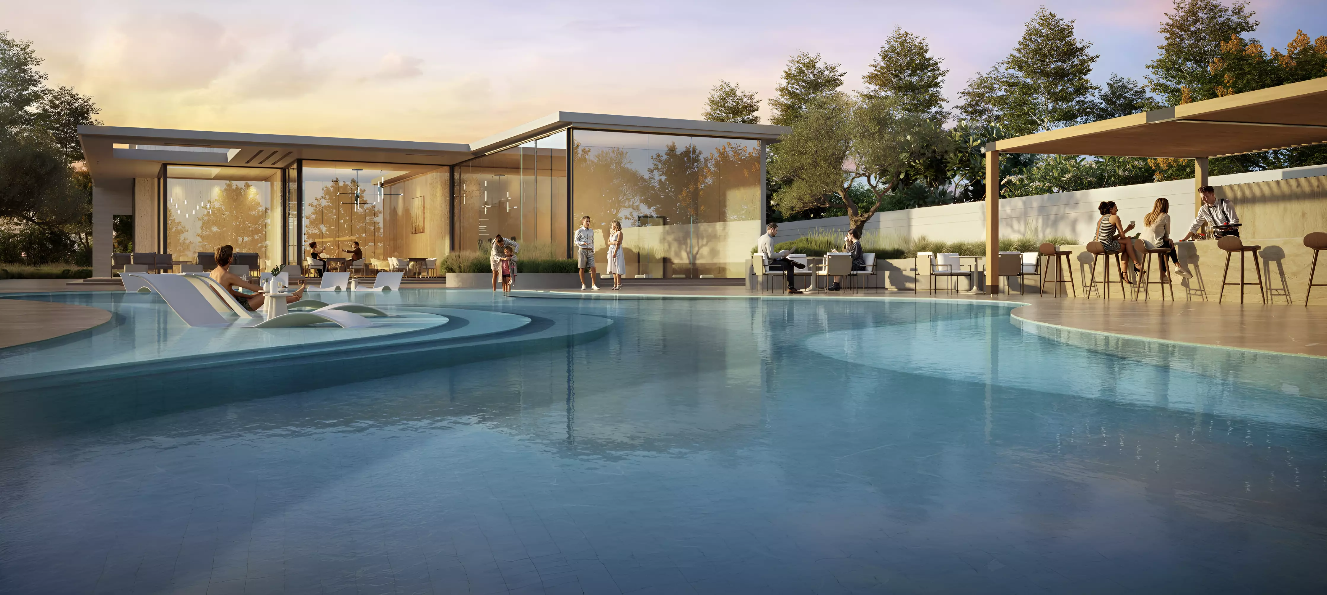 D-Villas — poolside glass pavilion and lounge marketing still