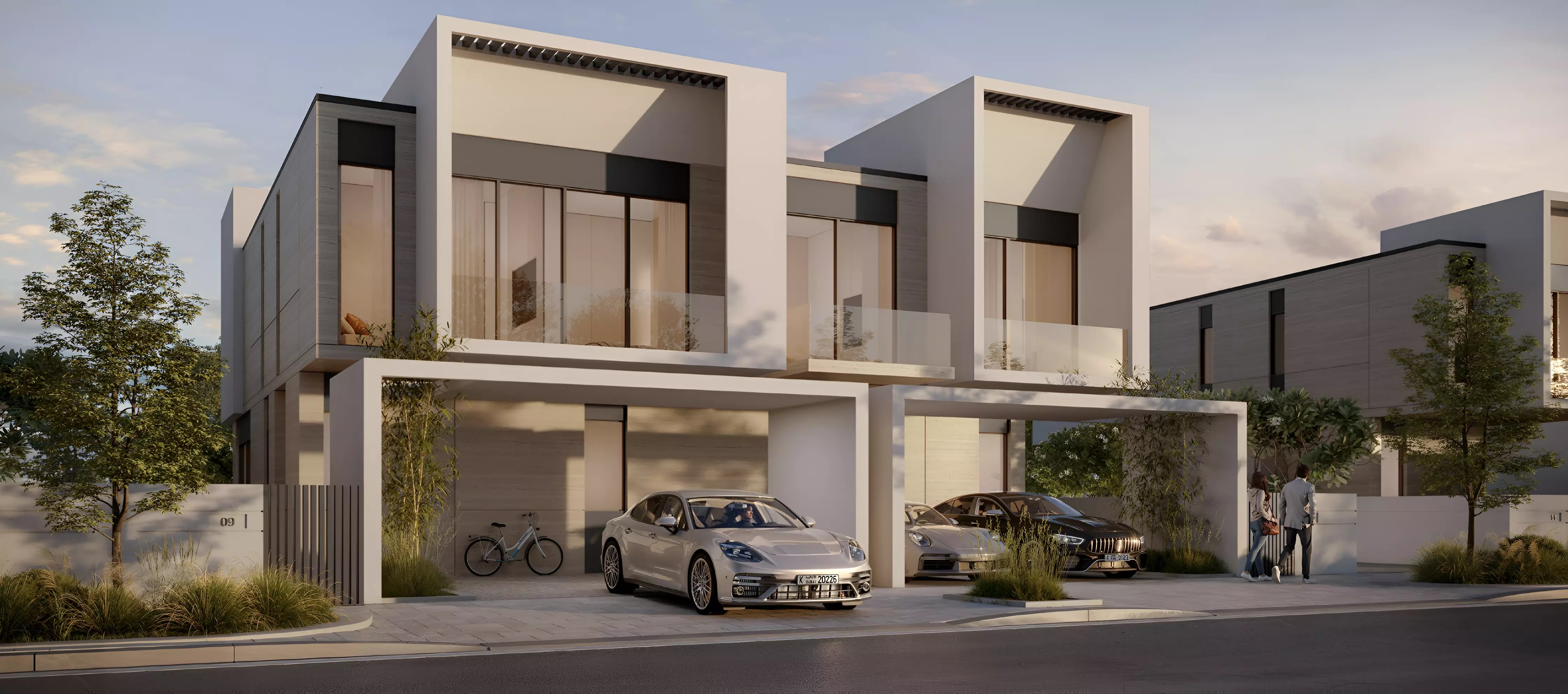 D-Villas — twin villa street facade with carports marketing still