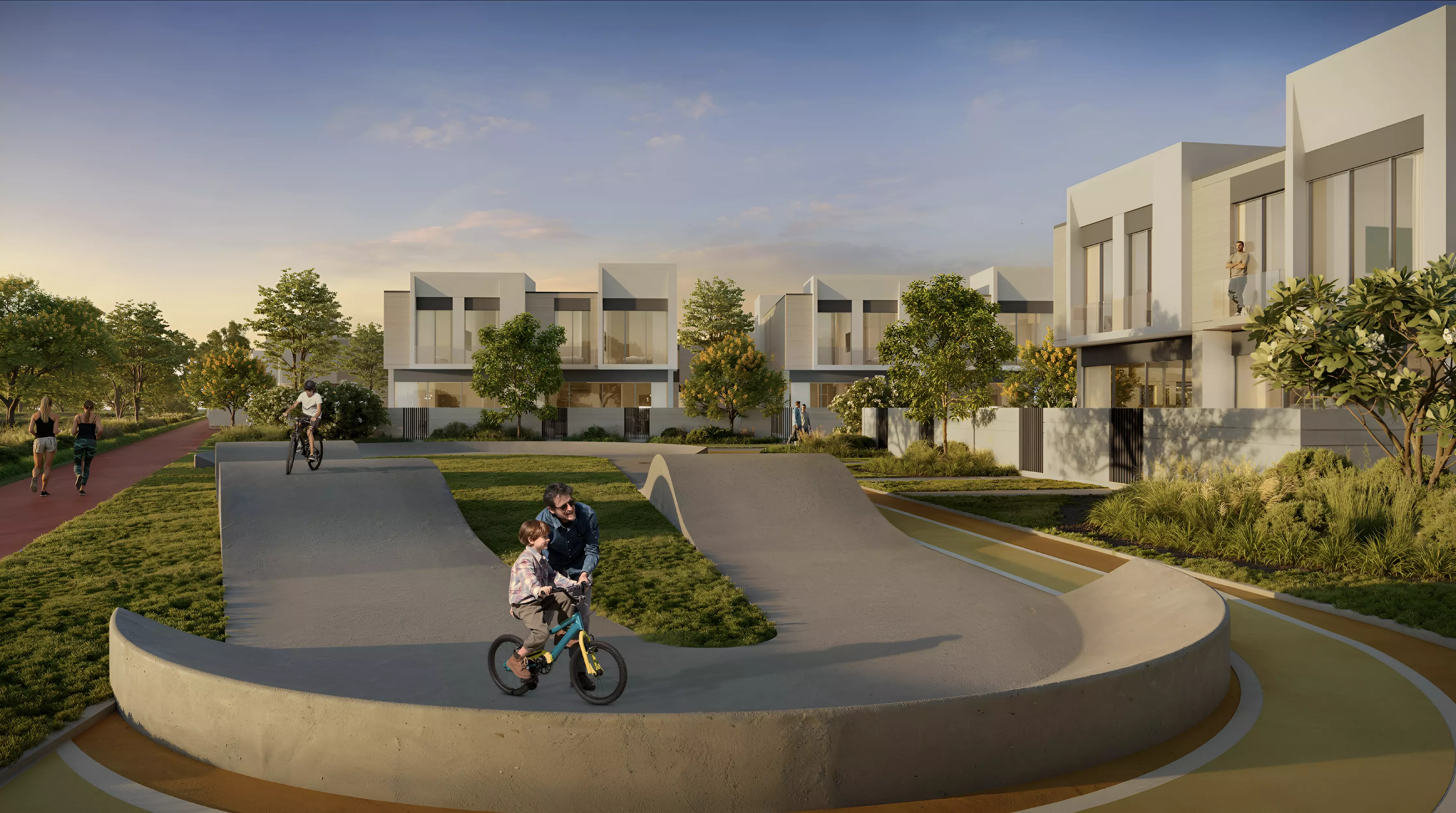 D-Villas — community street with pump-track park and villa row