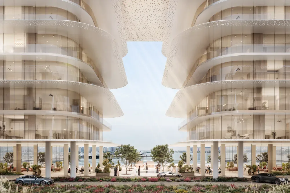 Dubai Harbour Residences — official courtyard still looking through the canopy gap to the beach